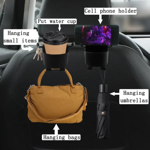 Car Headrest Backseat Organizer, 3 In Automotive Cell Phone Drink Cupholder Adapter With Headrest Hooks For Kids And Adults. - Image 6