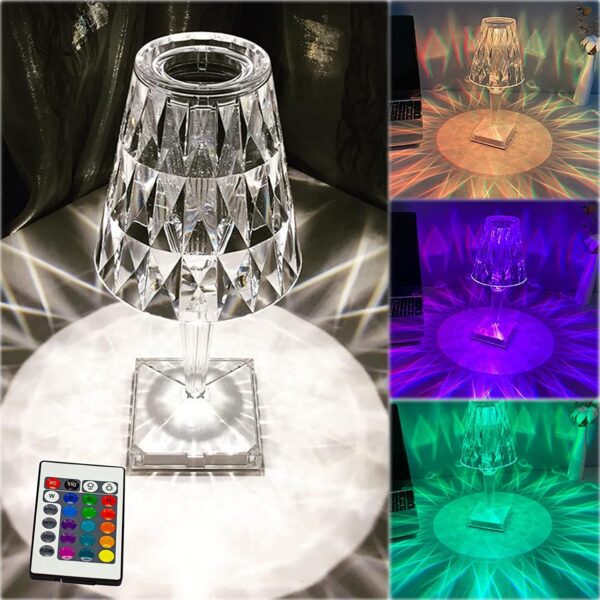 Romantic Crystal Table Lamp, Diamond Lamp, 16 Colors, 6 Brightness Level, Touch / Remote Control Switch, USB Charging.